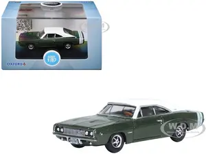 1968 Dodge Charger Racing Green Metallic with White Top and Tail Stripe 1/87 (HO) Scale Diecast Model Car by Oxford Diecast