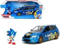 2012 Subaru Impreza WRX STI Blue Metallic with Graphics and Sonic The Hedgehog Diecast Figure "Sonic The Hedgehog" "Hollywood Rides" Series 1/24 Diec