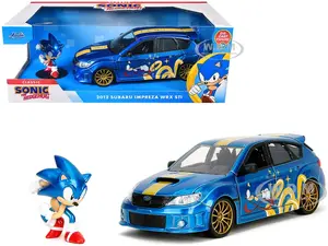 2012 Subaru Impreza WRX STI Blue Metallic with Graphics and Sonic The Hedgehog Diecast Figure "Sonic The Hedgehog" "Hollywood Rides" Series 1/24 Diec