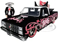1985 Chevrolet C-10 Pickup Truck Black with White Top and Graphics with Charro Man Diecast Figure "Tapatio" 1/24 Diecast Model Car by Jada