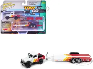 1980 Toyota Land Cruiser Pickup Truck White and Red with Stripes and Open Car Trailer Limited Edition "Tow &amp; Go" Series 1/64 Diecast Model Car by