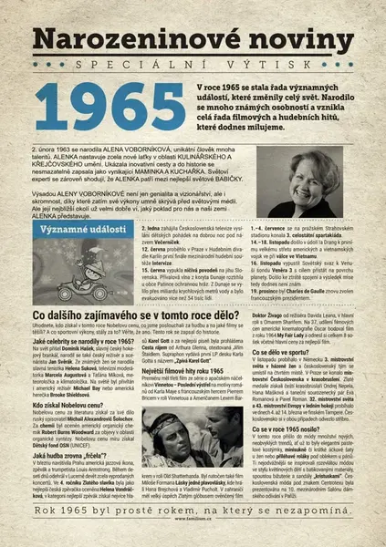 Narozeninové noviny 1965 s vlastním textem a fotografií, S fotografií a textem