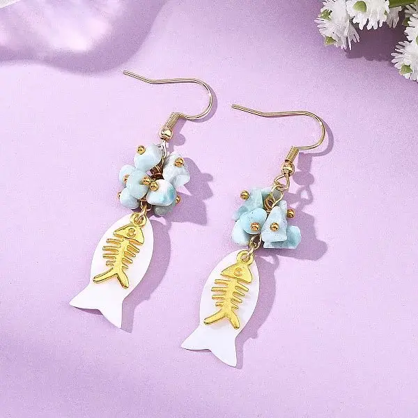 Fish Natural Shell & Natural Larimar Chips Dangle Earrings