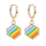 Rainbow Color Japanese Seed Braided Hexagon Dangle Hoop Earrings