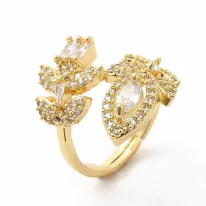 Clear Cubic Zirconia Leaf Open Cuff Ring