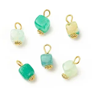 Natural Agate Cube Charms with Golden Tone Iron Loops