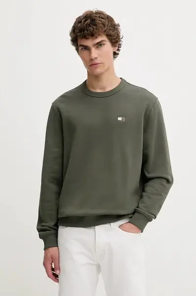 Bavlněná mikina Tommy Jeans pánská, zelená barva, s aplikací, DM0DM20660