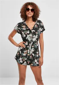 Women's jumpsuit with short viscose strap in tropical black