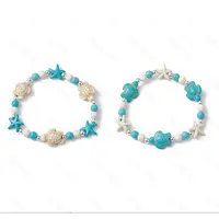 2Pcs 2 Colors Turtle & Starfish Synthetic Turquoise Beaded Stretch Bracelets for Men Women