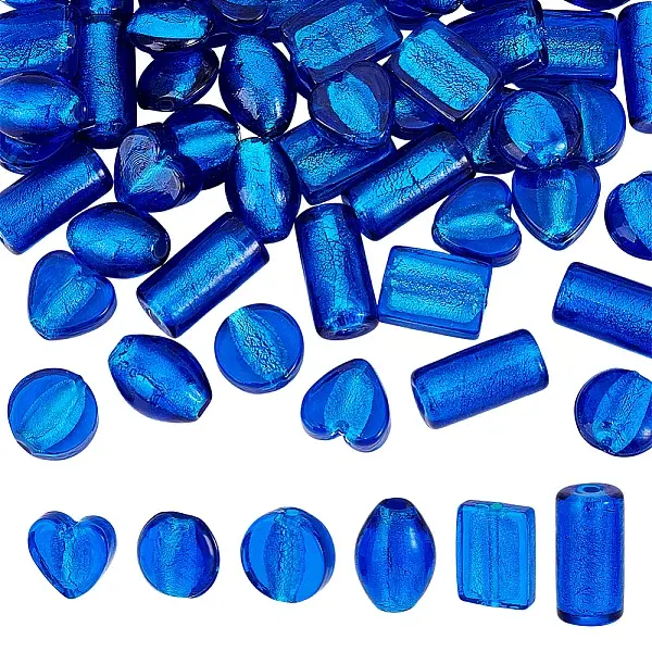 60Pcs 6 Styles Handmade Silver Foil Lampwork Beads