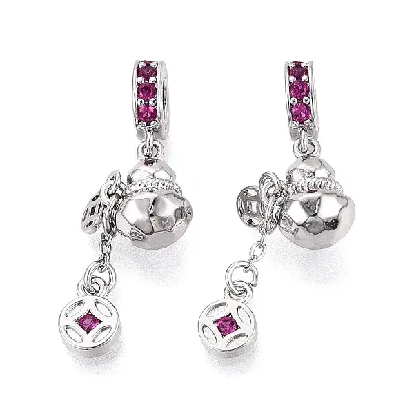 Brass Micro Pave Deep Pink Cubic Zirconia European Dangle Charms