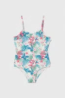 Jednodílné dětské plavky Pepe Jeans HIBISCUS FRILL SWIMSUIT zelená barva