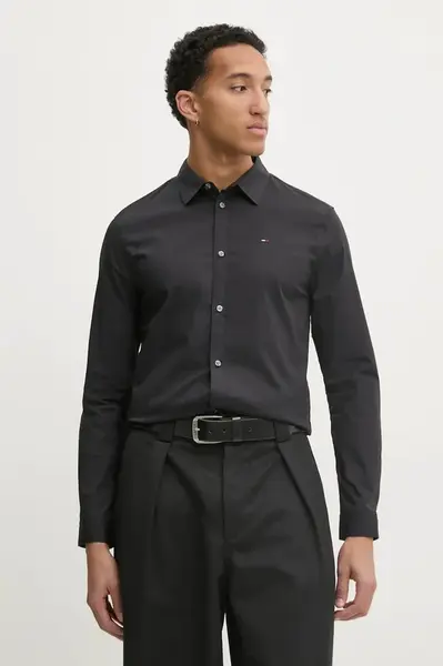 Košile Tommy Jeans pánská, černá barva, slim, s klasickým límcem, DM0DM04405
