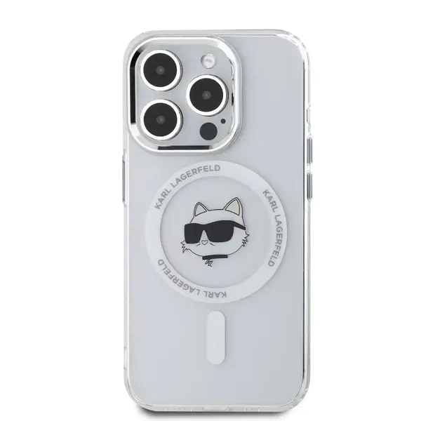 Zadní kryt Karl Lagerfeld IML Choupette Head Metal Frame MagSafe pro Apple iPhone 15 Pro Max, transparentní