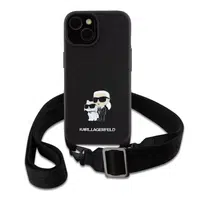 Zadní kryt Karl Lagerfeld Saffiano Crossbody popruh Metal Karl and Choupette pro Apple iPhone 15, černá