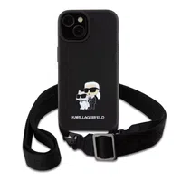 Zadní kryt Karl Lagerfeld Saffiano Crossbody popruh Metal Karl and Choupette pro Apple iPhone 15, černá