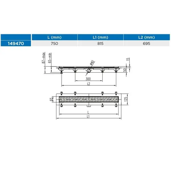 Žlab podlahový lineární 750 mm, D 40 mm, boční, medium mat, černý, ENPRO