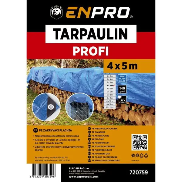 Plachta zakrývací PROFI, 4 x 5 m, 140 g/m², modro - stříbrná, ENPRO