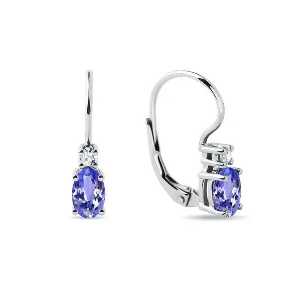 Visiace náušnice z bieleho zlata s tanzanitmi a briliantmi KLENOTA