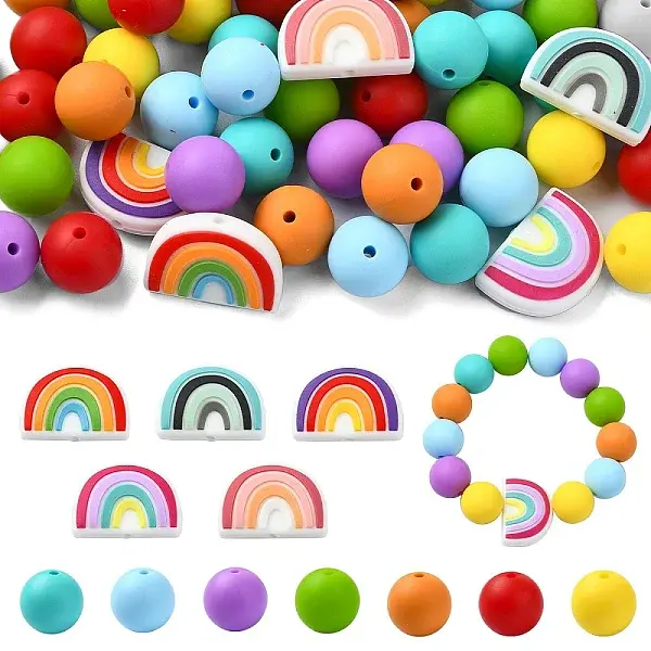 75Pcs Round/Rainbow Silicone Focal Beads