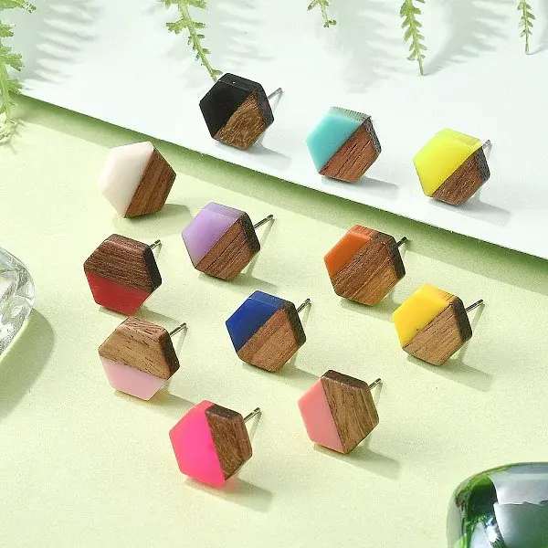 Resin & Walnut Stud Earrings