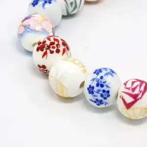 Mixed Styles Handmade Flower Printed Porcelain Ceramic Round Beads Strands