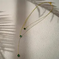 Teardrop 304 Stainless Steel Green Cubic Zirconia Pendant Double Layer Y Necklaces for Women