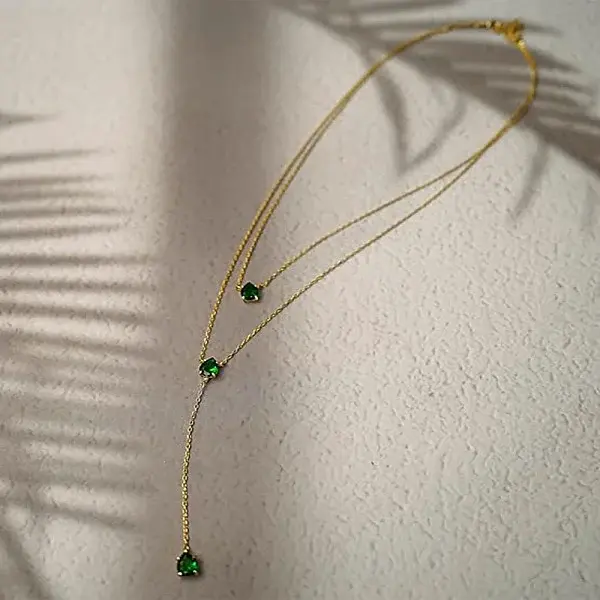 Teardrop 304 Stainless Steel Green Cubic Zirconia Pendant Double Layer Y Necklaces for Women