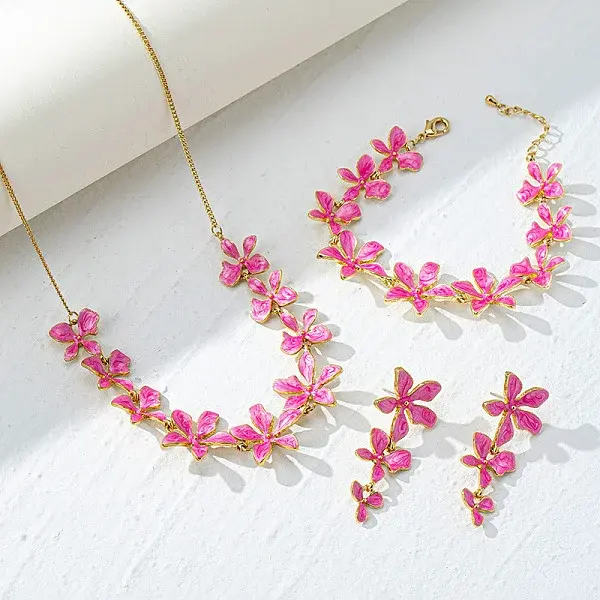 Flower Brass Enamel Pendant Necklace & Stud Dangle Earring & Link Bracelet