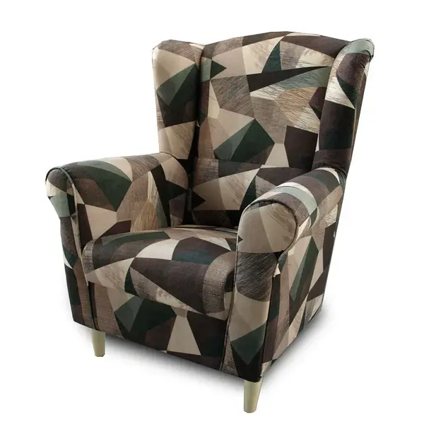 Křeslo ušák, látka hnědozelená vzor, charlot
