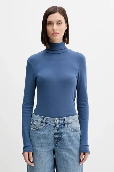 Bavlněné tričko s dlouhým rukávem United Colors of Benetton modrá barva, s golfem, 3GA2E2224