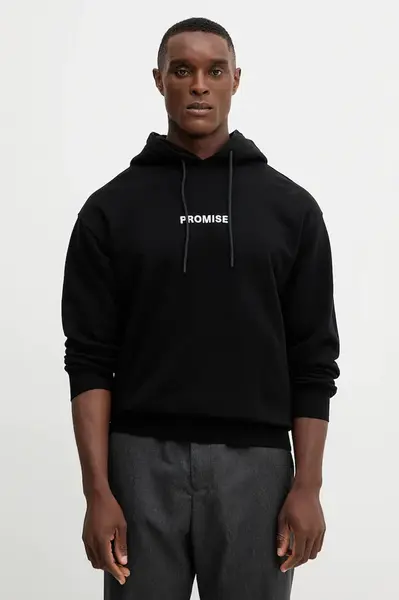 Bavlněná mikina United Colors of Benetton pánská, černá barva, s kapucí, s potiskem, 3Y9YU201Y