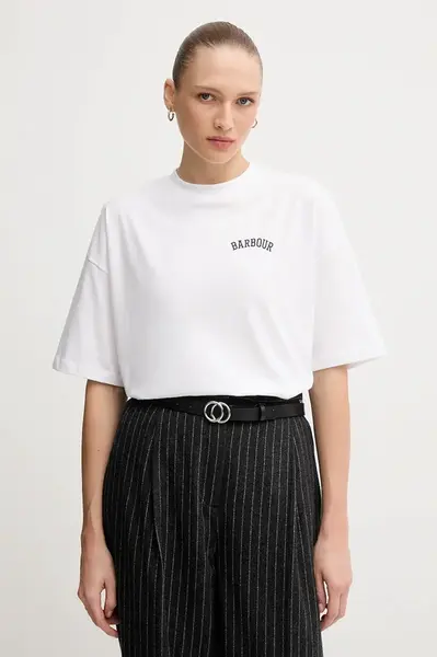 Bavlněné tričko Barbour CLAYDON dámské, bílá barva, LTS0687