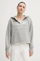 Bavlněná mikina Joop! dámská, šedá barva, s kapucí, s potiskem, 30046271