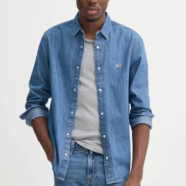 Džínová košile Tommy Jeans pánská, modrá barva, regular, s klasickým límcem, DM0DM21102