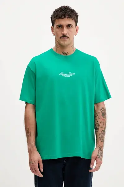 Bavlněné tričko Guess Jeans pánské, zelená barva, s aplikací, M5YI61 K8FQ4