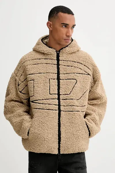 Fleecová mikina Diesel S-ZAT pánská, béžová barva, s kapucí, s aplikací, A18947.0KIBT