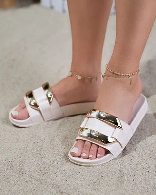 Resti Women's beige slippers with golden Serina ornament - Footwear