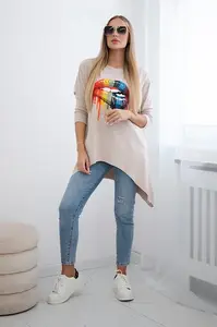 Halenka oversize s béžovým potiskem duhových rtů