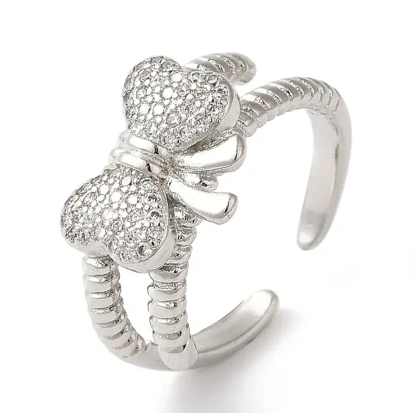 Bowknot Brass Micro Pave Clear Cubic Zirconia Open Cuff Rings for Women