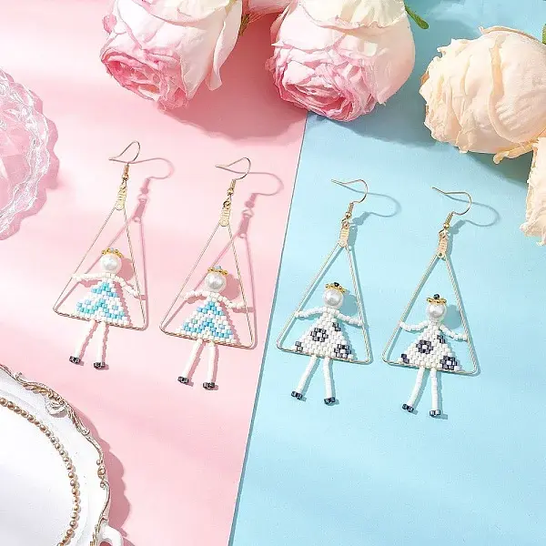 2Pair Girl with Triangle Brass Glass Seed Beads Dangle Earrings