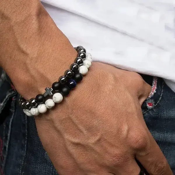 2Pcs 2 Style 8mm Round Natural Howlite & Frosted Black Agate Stretch Bracelets Set