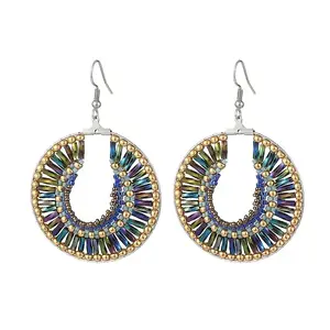 Glass Seed Braided Flat Round Dangle Earrings