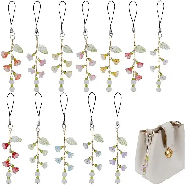 12Pcs Glass & Acrylic & Brass Mobile Straps