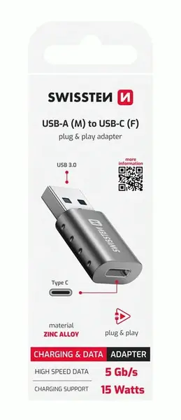 ADAPTER SWISSTEN USB-A(M)/USB-C(F), ČERNÁ
