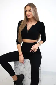 Žebrovaný crop top set v černé barvě
