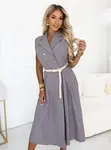 Elegantní midi košilová šaty s páskem - šedá