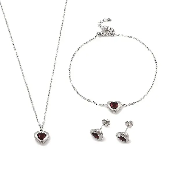 Heart 304 Stainless Steel Micro Pave Cubic Zirconia Pendant Necklaces & Bracelets & Stud Earrings Sets for Women