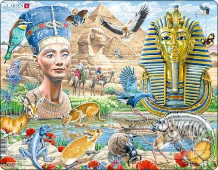 Sfinga a pyramídy, egyptská divoká zver, Nefertiti a Tutanchamon (HL11) - puzzle z kategorie Naučné puzzle
