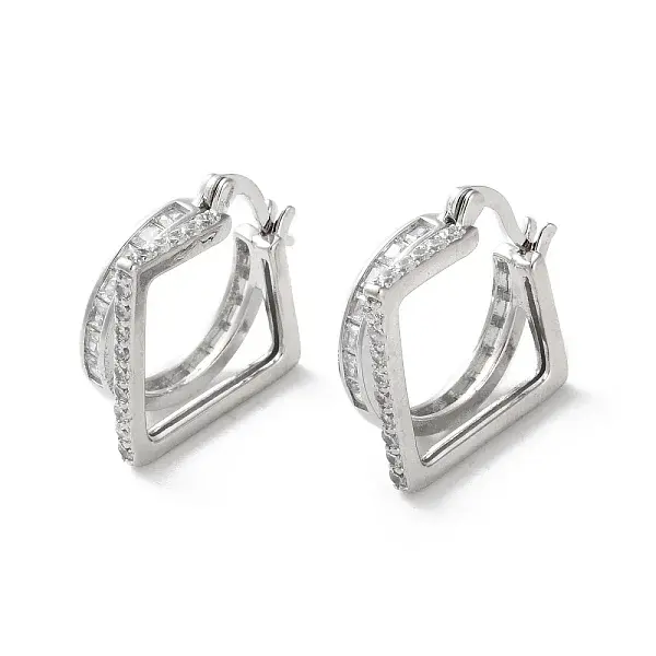 Rack Plating Square Brass Clear Cubic Zirconia Hoop Earrings